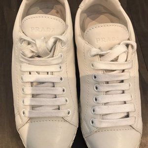 PRADA White Nappa Leather Platform Sneakers, 36.5
